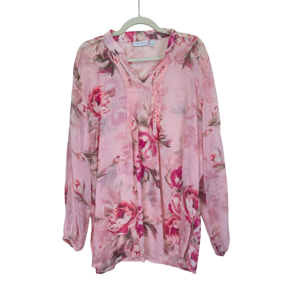 Susan‎ Graver Floral Sheer Womens Blouse Large Pink Lace Romantic Feminine Tunic